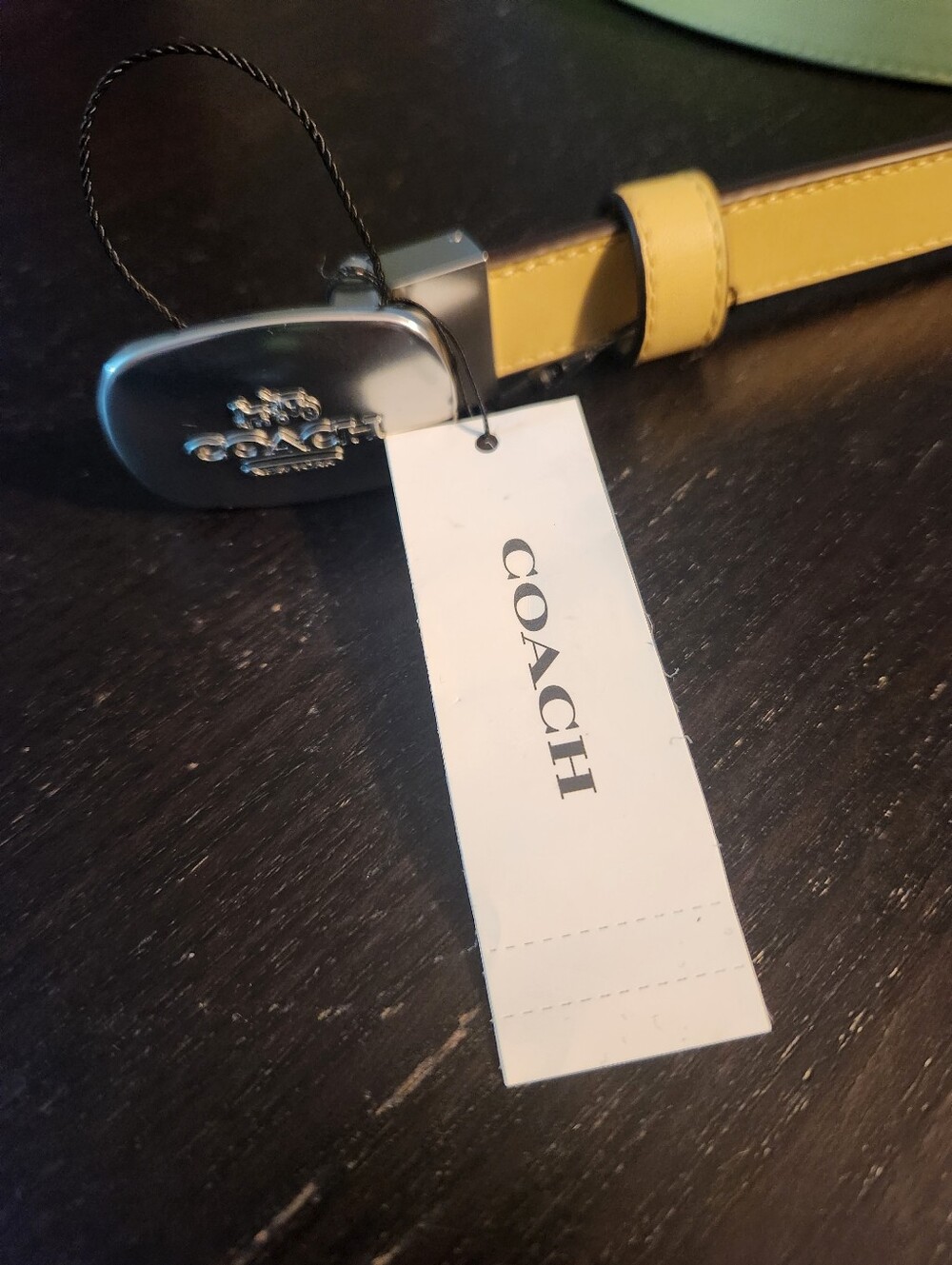 COACH Women's Yellow Leather Belt with Polished Silver Logo Buckle